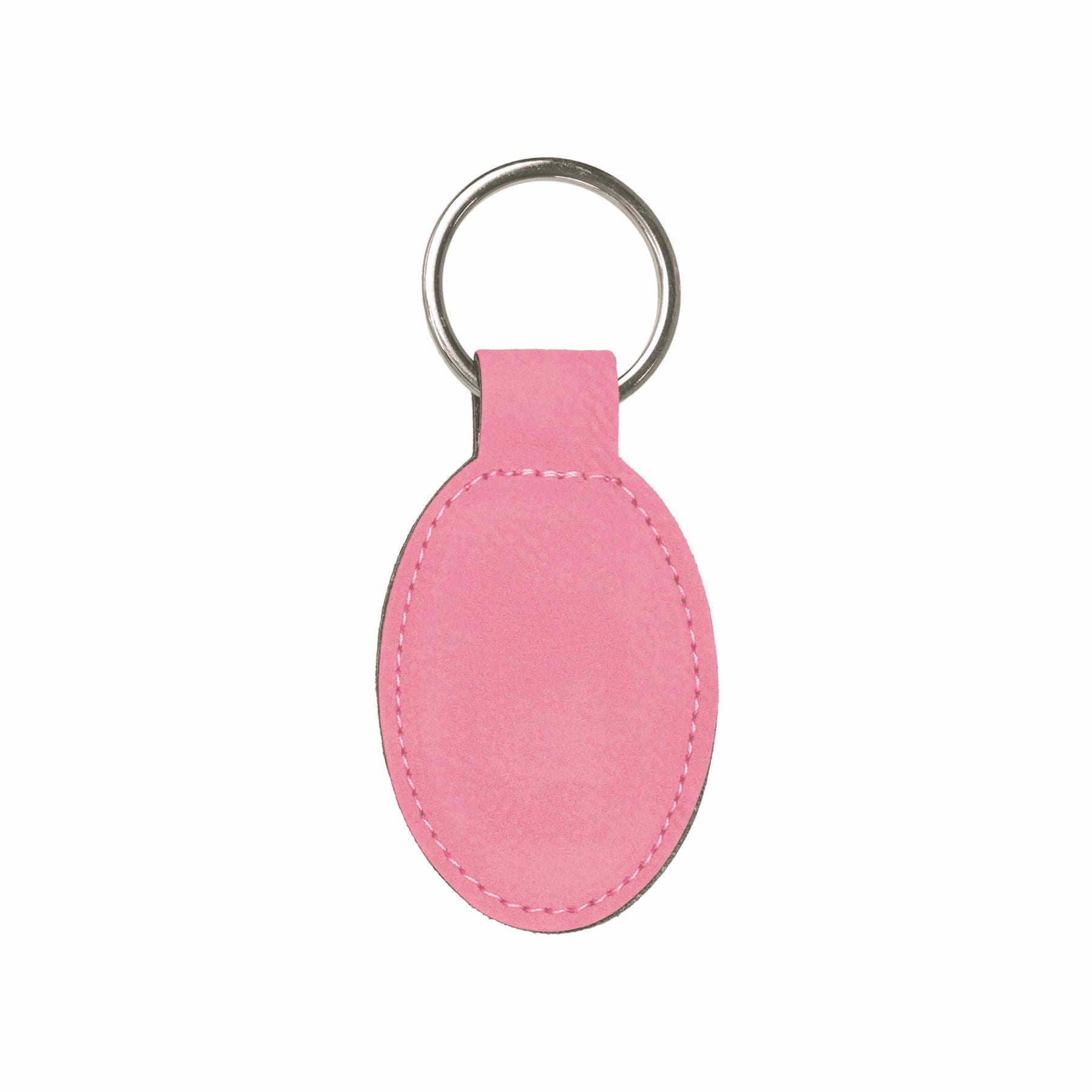Pink oval keychain with a metal ring on a white background